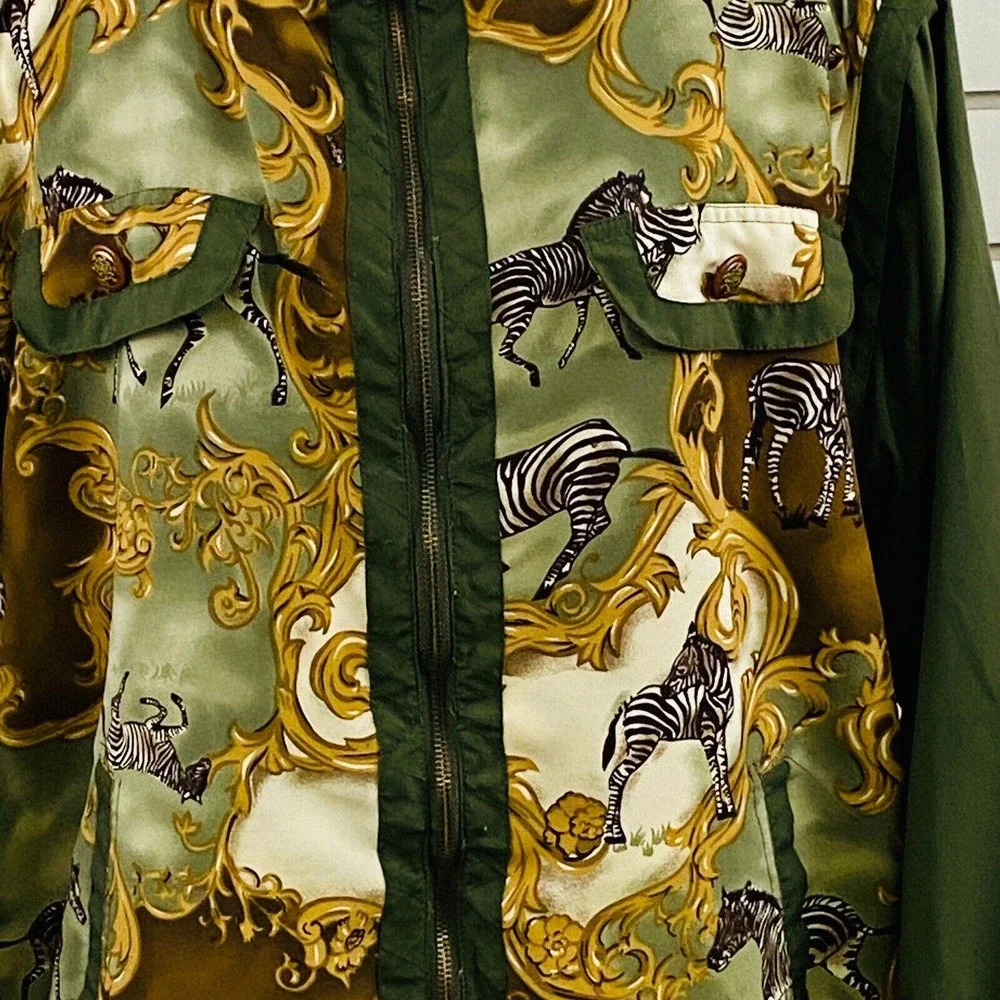 Vintage Womens L‎ Mureli Windbreaker Jacket Zebra Green Zip Off Sleeves Vest